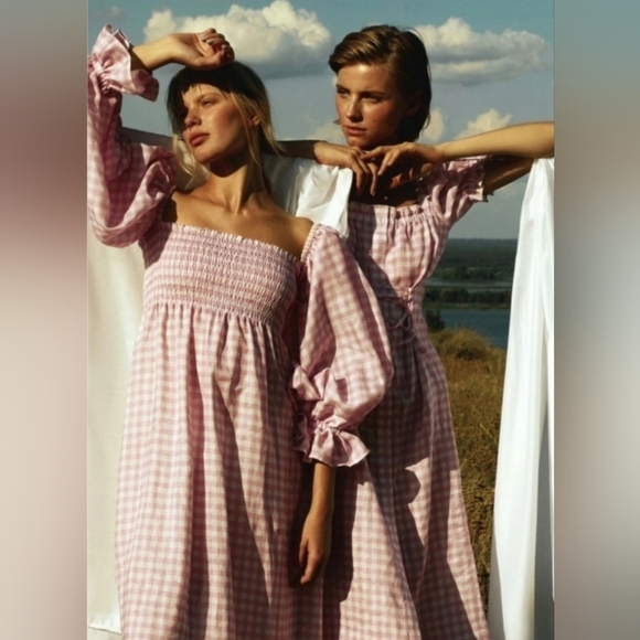 Sleeper Linenblend Atlanta Pink Gingham midi dress smocked midi dress, xsmall - Picture 2 of 12